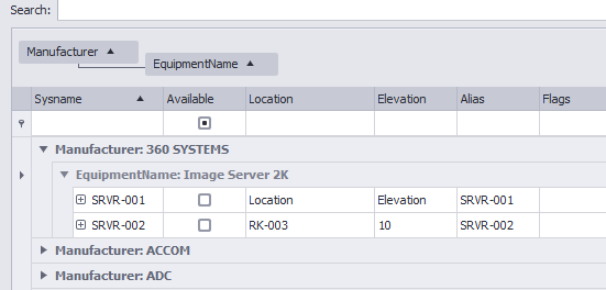 Grid grouped by Manufacturer and EquipmentName fields