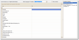 Here we see the Translation manager with the English version on the left and the French version on the right. The pane on the right-hand side shows statistics.