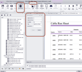 Report preview with Parameters tool panel shown